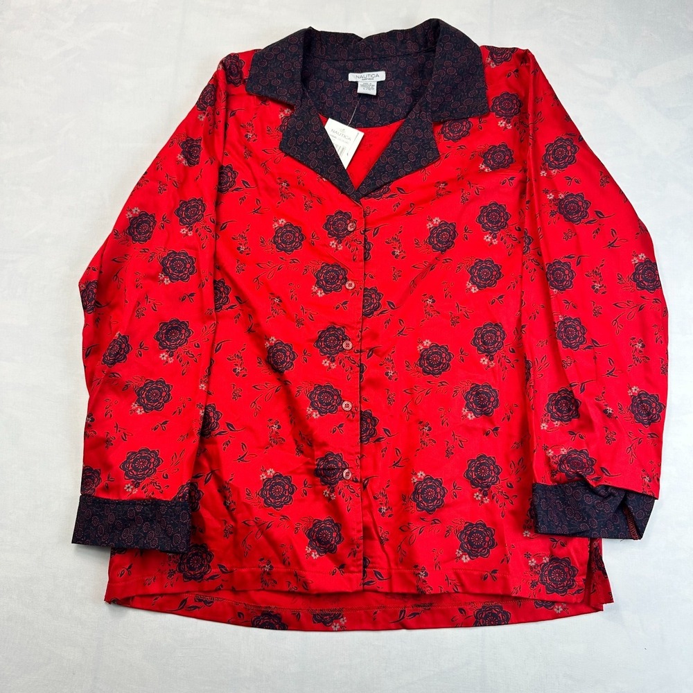 Nautica Sleepwear Pajama Shirt Women L Red Black Floral Long Sleeve Button Front